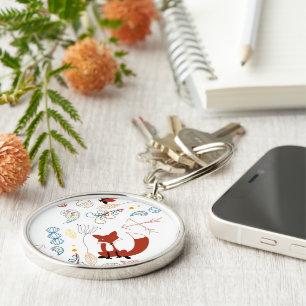 Personalise Modern Fox Woodland Pattern Key Ring