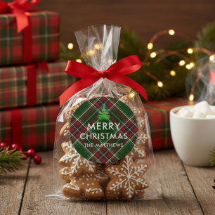 Personalise Modern Plaid Christmas Tree Name Classic Round Sticker