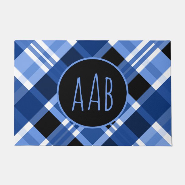 Personalise Monogram Blue Plaid Classic Welcome Doormat (Front)