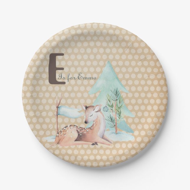 Personalise Monogram Cute Watercolor Deer  Paper Plate (Front)