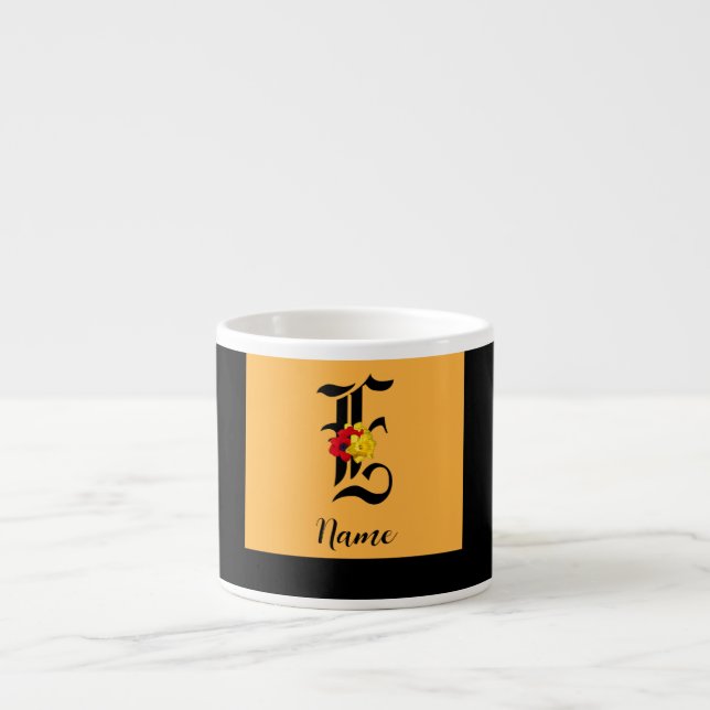 Personalise Monogram E Floral Black Orange     Espresso Cup (Front)