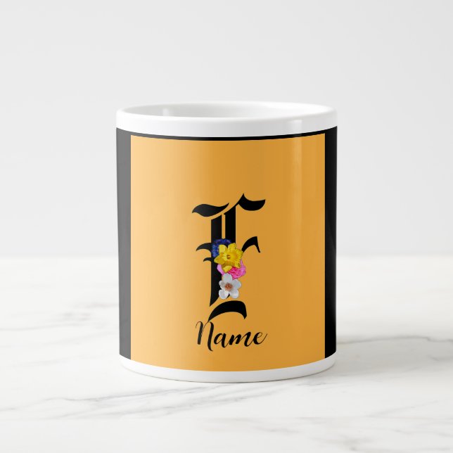 Personalise Monogram F Floral Black    Large Coffee Mug (Front)