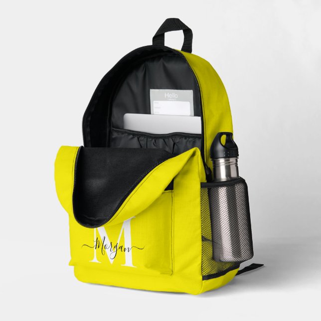 Personalise Monogram Initial Name Yellow Printed Backpack (Back Corner Right (Open))