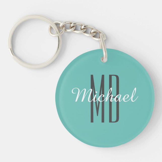 Personalise Monogram Name Wh/Bk, Light Teal  Key Ring (Front)