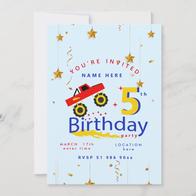 Personalise monster truck birthday invitations (Front)
