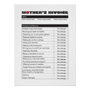 Personalise Mother's Day Invoice Custom Gift 4 Mum Poster