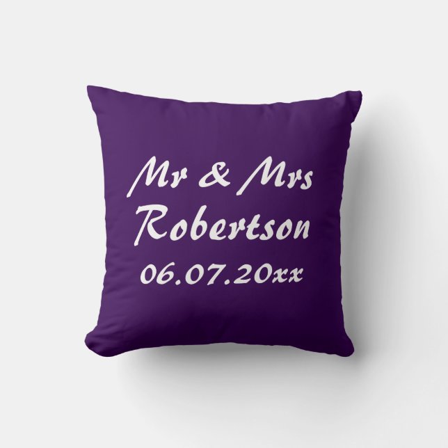 Personalise Mr and Mrs purple wedding zipper Cushion (Front)