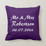 Personalise Mr and Mrs purple wedding zipper Cushion<br><div class="desc">Custom Mr and Mrs royal purple wedding zipper throw pillow. Add your own surname. Personalised pillow cushions for sofa, couch or bed in bedroom. Cute design with name of newly wed couple. Classy home decor personalised for bride and groom / husband and wife. Romantic wedding presents for newlyweds. Make your...</div>