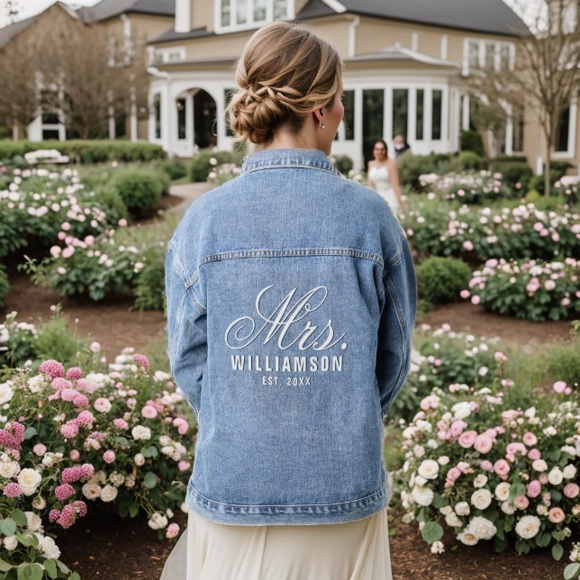 Personalise Mrs. Name Elegant Script Bride-To-Be   Denim Jacket (Wedding Back)