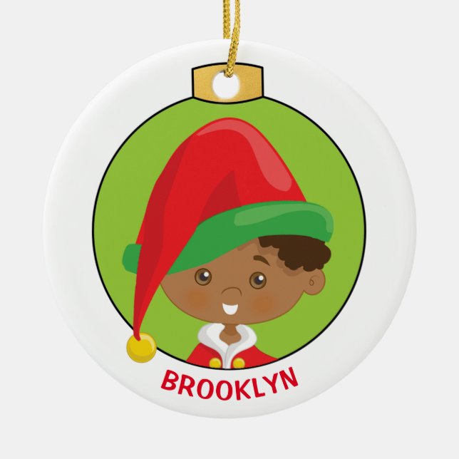 Personalise Multicultural Boy Elf Ceramic Tree Decoration (Front)