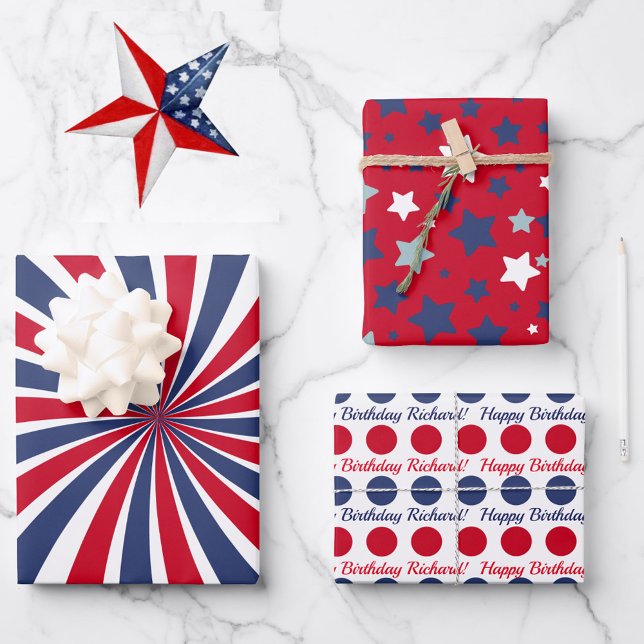 Personalise Name 4th of July Red White Blue Stars Wrapping Paper Sheet (Creator Uploaded)