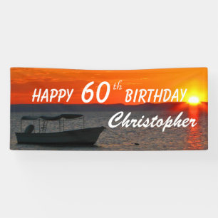 Personalise Name 60th Birthday Fishing Boat Sunset Banner