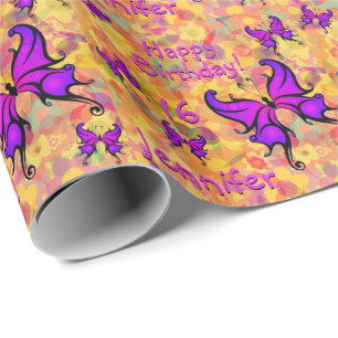 Personalise Name Age Purple Butterfly Roll of Wrapping Paper