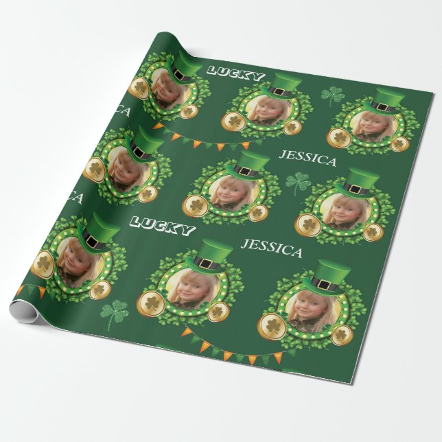 Personalise Name And Photo St. Patrick's Day Green Wrapping Paper (Unrolled)