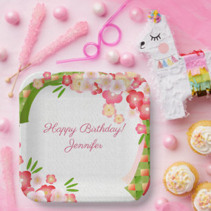 Personalise Name and Text Stylised Cherry Blossoms Paper Plate