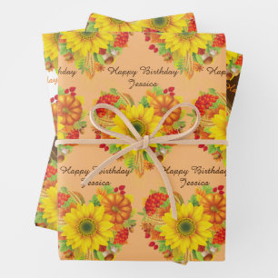 Personalise Name Autumn Fall Happy Birthday Wrapping Paper Sheet