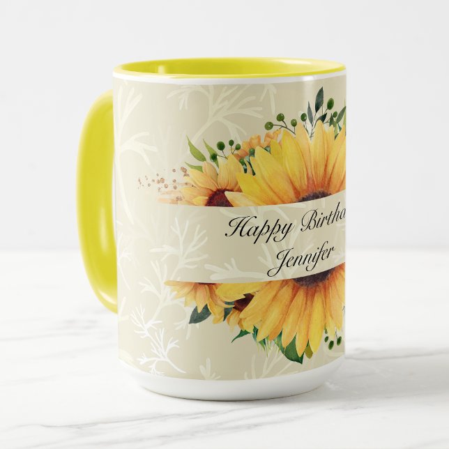 Personalise Name Birthday Wishes Sunflower Coffee Mug (Creator Uploaded)