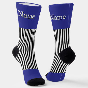 Personalise Name Black White Stripes Deep Blue Socks