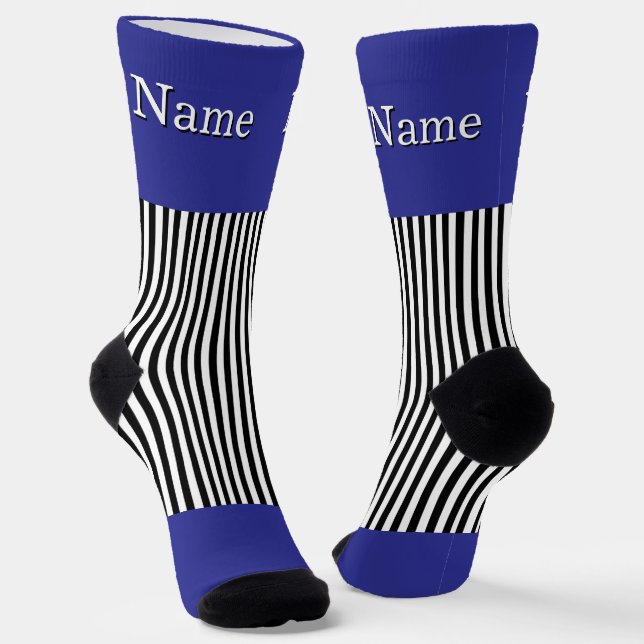 Personalise Name Black White Stripes Deep Blue  Socks (Angled)
