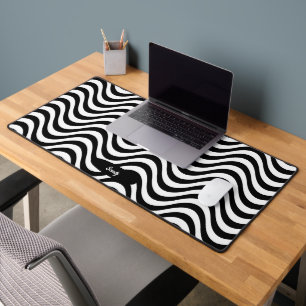 Personalise Name Black White Wavy Stripes Hypnotic Desk Mat