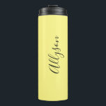 Personalise Name Blk. Script Vertical, Pale Yellow Thermal Tumbler<br><div class="desc">Personalise your Name vertically In Black Script Text on Pale Yellow background. Click “Edit Using Design Tool” to change colours and type styles.</div>