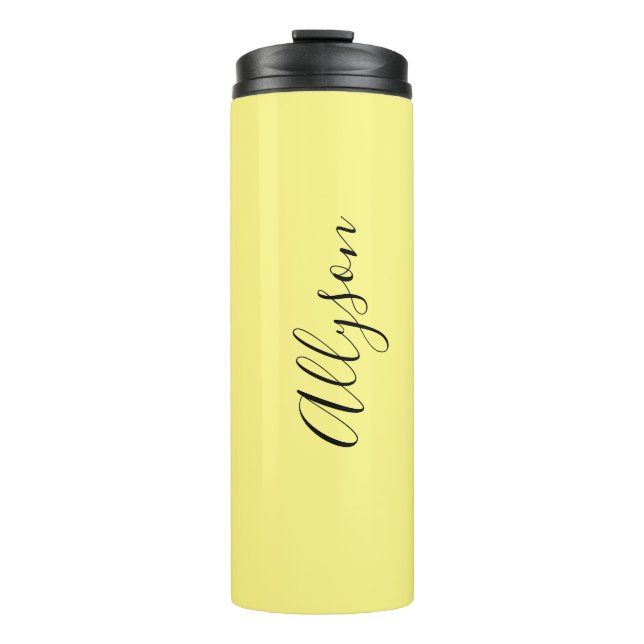 Personalise Name Blk. Script Vertical, Pale Yellow Thermal Tumbler (Front)