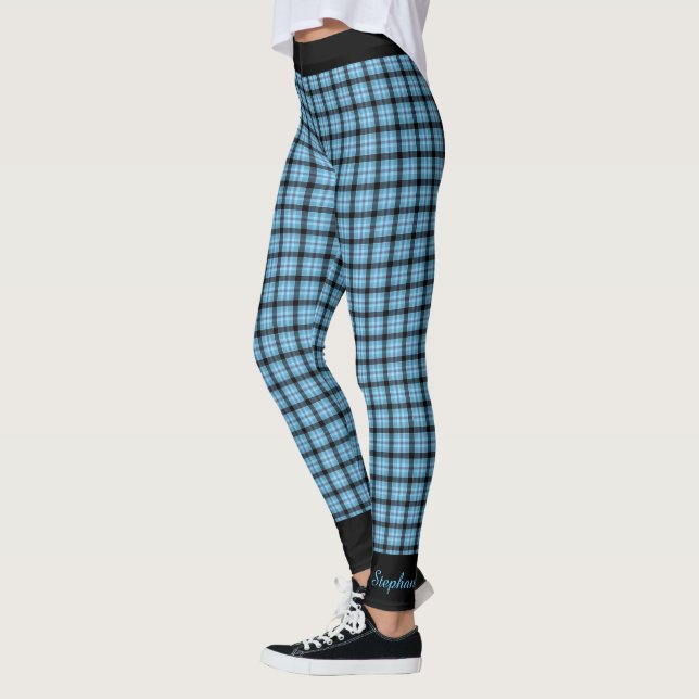 Personalise Name Blue Black Plaid, Black Trim Yoga Leggings (Left)