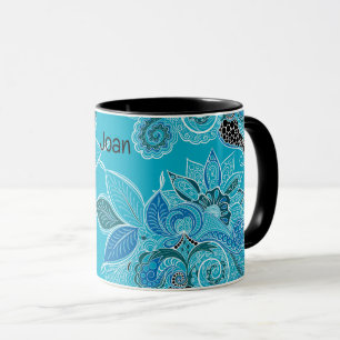 Personalise Name Blue Boho Paisley Black Inside Mu Mug