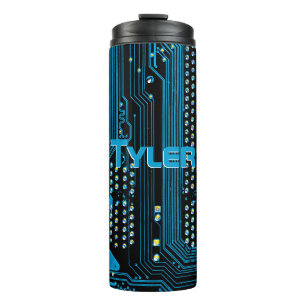 Personalise Name, Blue Circuit Board, Black Thermal Tumbler