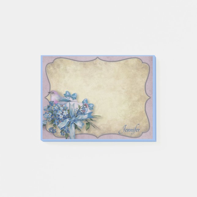 Personalise Name Bluebird Forget-Me-Knots Post-it Notes (Front)
