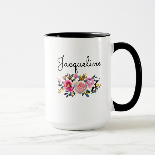 Personalise Name Blush Peonies Floral Bouquet Gift Mug (Right)