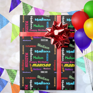Personalise Name Bold Colours Happy Birthday Gift Wrapping Paper