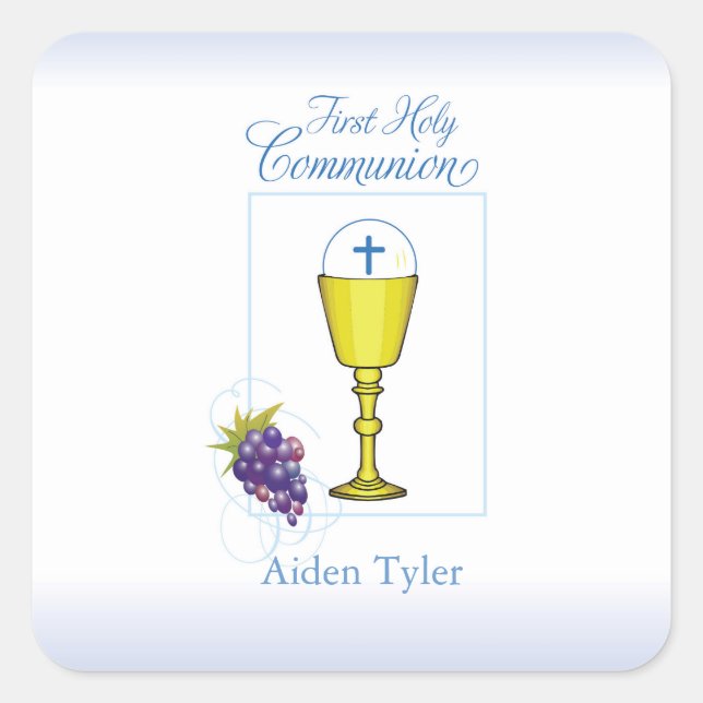 Personalise Name Boy First Communion Chalice, Host Square Sticker (Front)