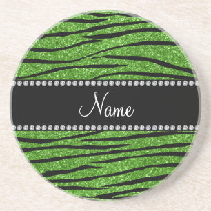 Personalise name bright green glitter zebra stripe coaster