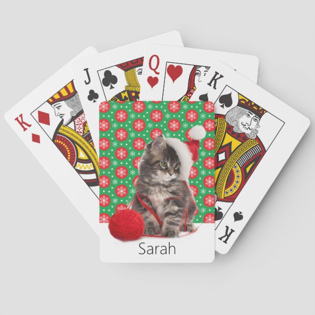 Personalise Name Christmas Kitten In a Santa Hat Playing Cards (Back)