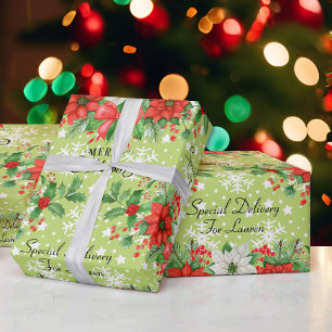 Personalise Name Christmas Poinsettia Snowflakes Wrapping Paper