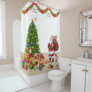 Personalise Name Christmas Santa and Elves Shower  Curtain