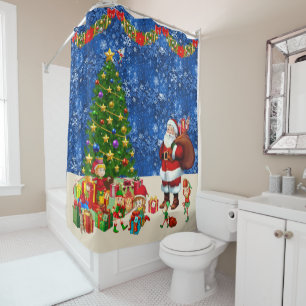 Personalise Name Christmas Santa and Elves Shower Curtain