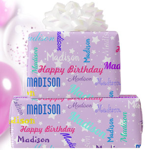 Personalise Name Colourful Birthday Party Purple Wrapping Paper