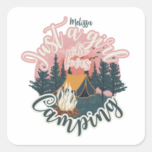Personalise name cute aesthetic girl camping square sticker