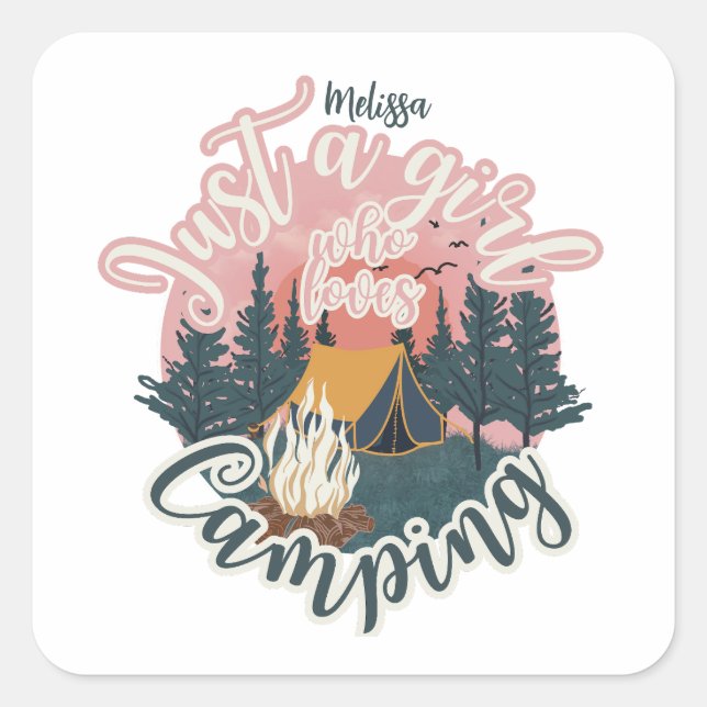 Personalise name cute aesthetic girl camping  square sticker (Front)