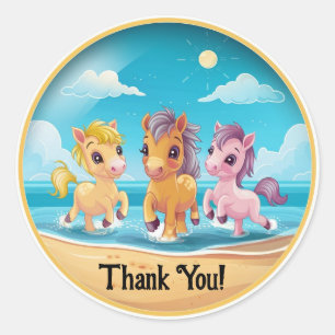 Personalise Name Cute Ponies on Beach Classic Round Sticker
