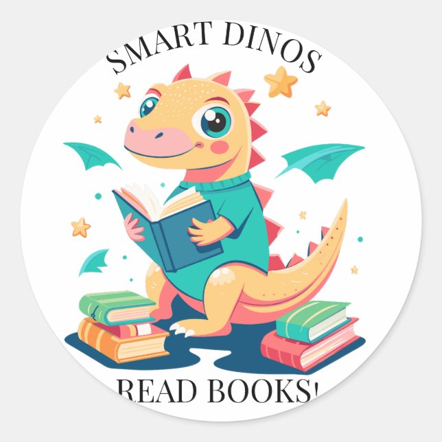 Personalise Name Edit Smart Dinos Read Books Classic Round Sticker (Front)
