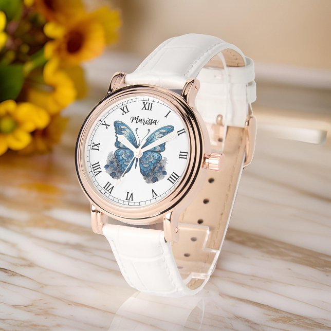 Personalise Name Elegant Blue Butterfly Womens Watch (Womens' watch feature an adorable blue tones butterfly illustration, with space to add name)