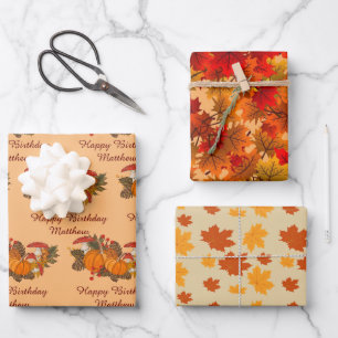 Personalise Name Fall Leaves Happy Birthday Wrapping Paper Sheet