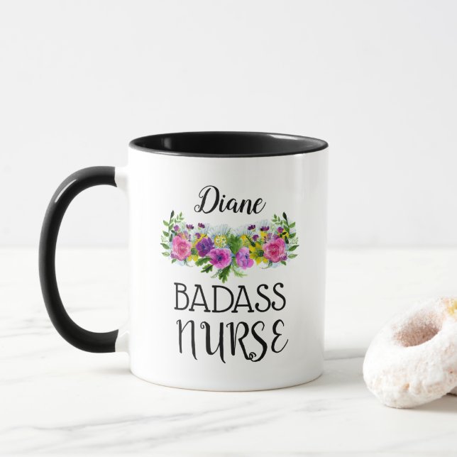 Personalise Name Floral Badass Nurse Mug (With Donut)