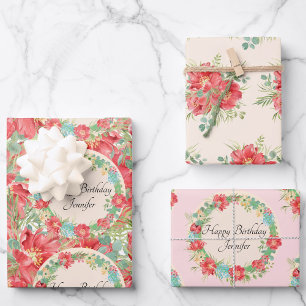 Personalise Name Flower Wreath 3 Spring Birthday Wrapping Paper Sheet