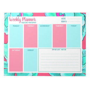 Personalise Name Fuchsia Floral Weekly Planner Notepad