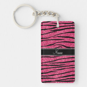 Personalise name fuchsia pink glitter zebra stripe key ring