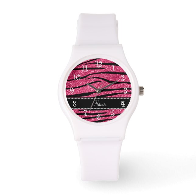 Personalise name fuchsia pink glitter zebra stripe watch (Front)
